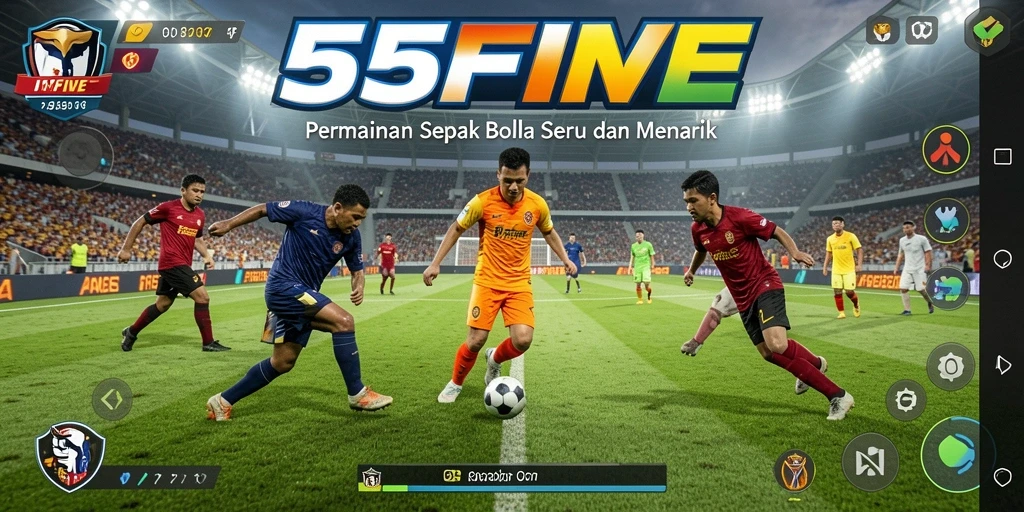 Screenshot gameplay 55FIVE menampilkan aksi sepak bola yang mendebarkan.