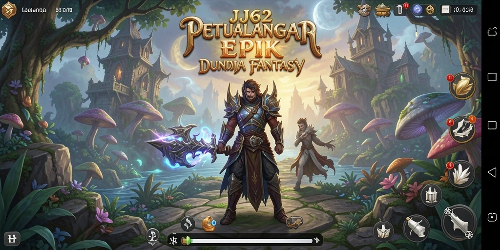 Screenshot gameplay JJ62 menampilkan aksi pertarungan epik dan dunia fantasi.