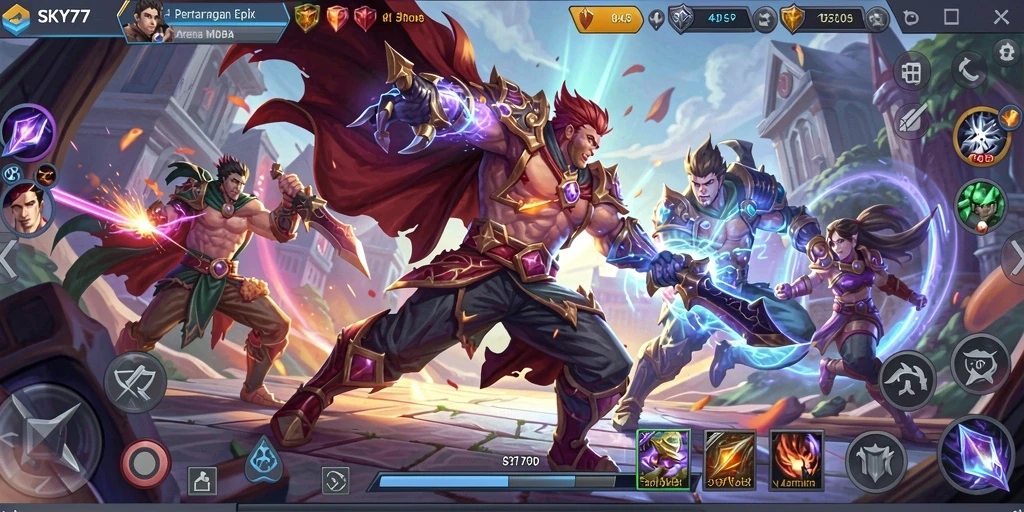 Gameplay epik SKY77 dalam pertarungan tim MOBA yang intens.