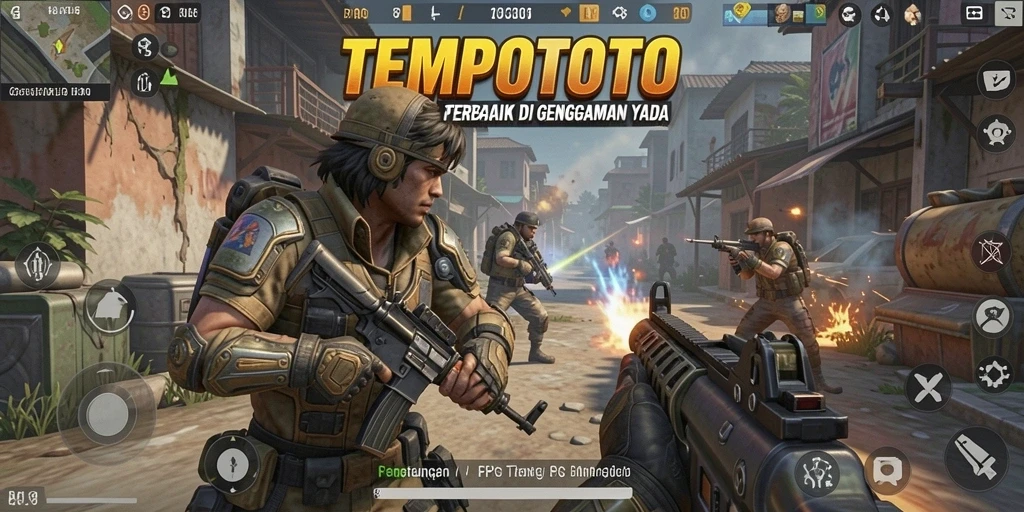 Tampilan gameplay intens dari TEMPOTOTO dengan aksi tembak-menembak.