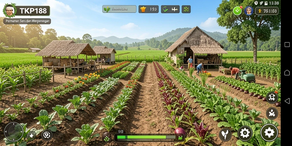 Tangkapan layar utama TKP188 menunjukkan petani yang sedang menuai hasil panen.